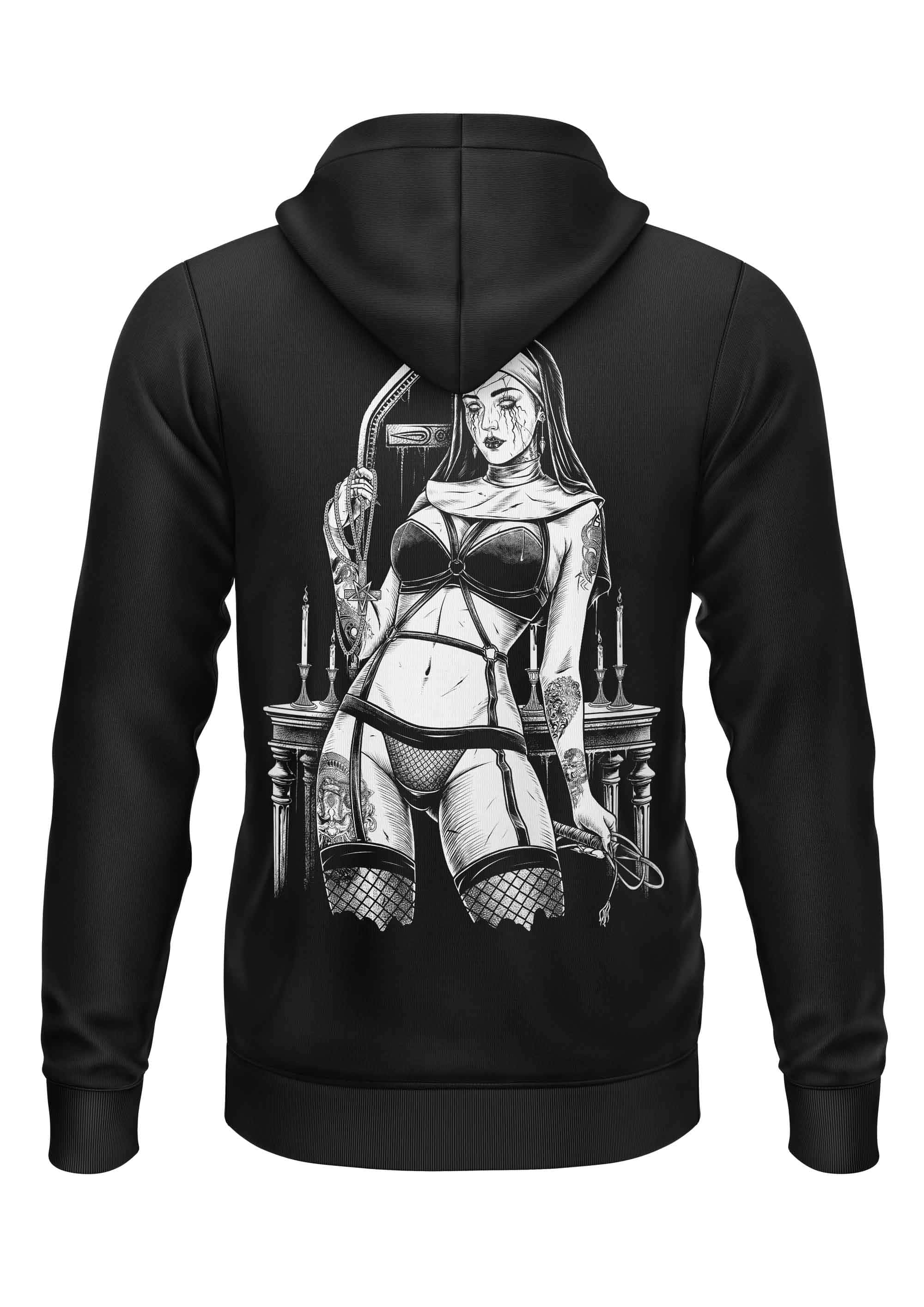Schwarzer hoodie mit gothic horror backprint einer frau in lingerie und netzstrümpfen mit peitsche bitte design